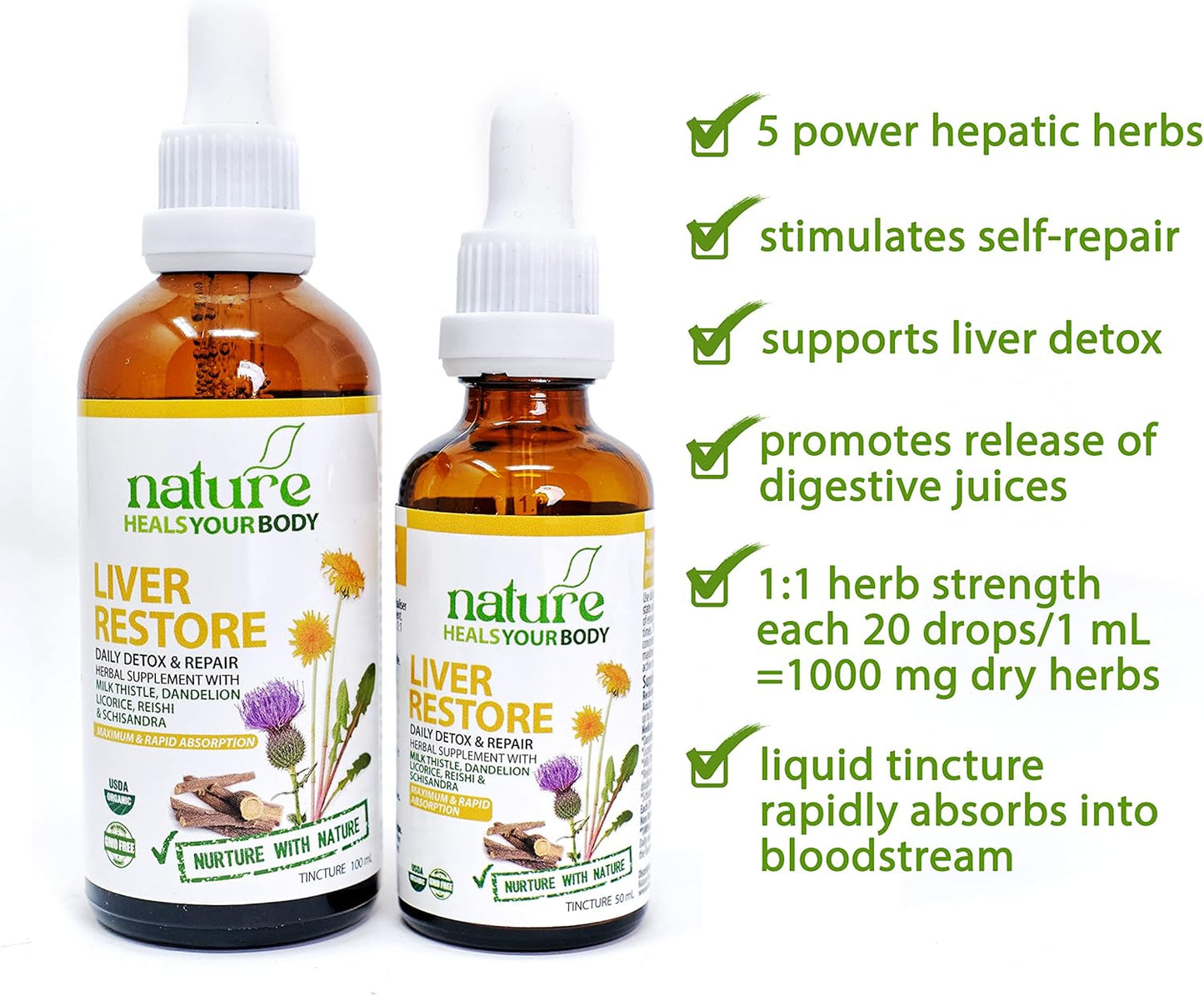 Organic Liver Support Tincture with Milk Thistle, Dandelion, Licorice, Reishi, Schisandra - Herbal Detox for Body Restoration - 50 mL Pack