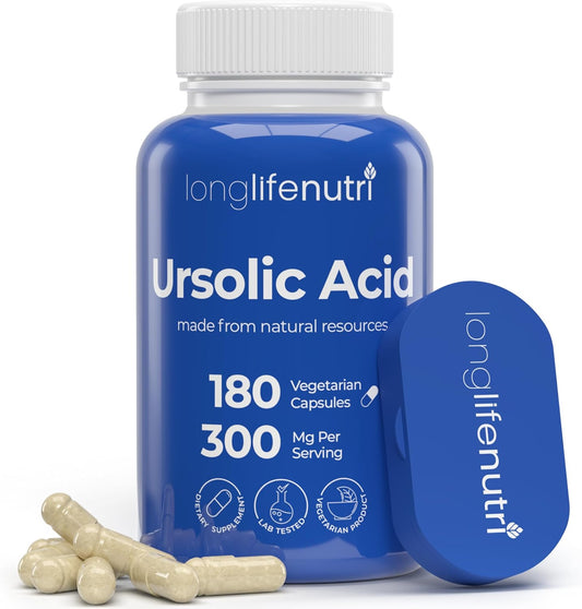 Organic LongLifeNutri Ursolic Acid 300mg Capsules - Rosemary Leaf Extract, 180 Vegetarian Caps, Muscle Growth & Recovery Supplement, 2-Month Supply, Lab Tested, GMP Certified, USA Made