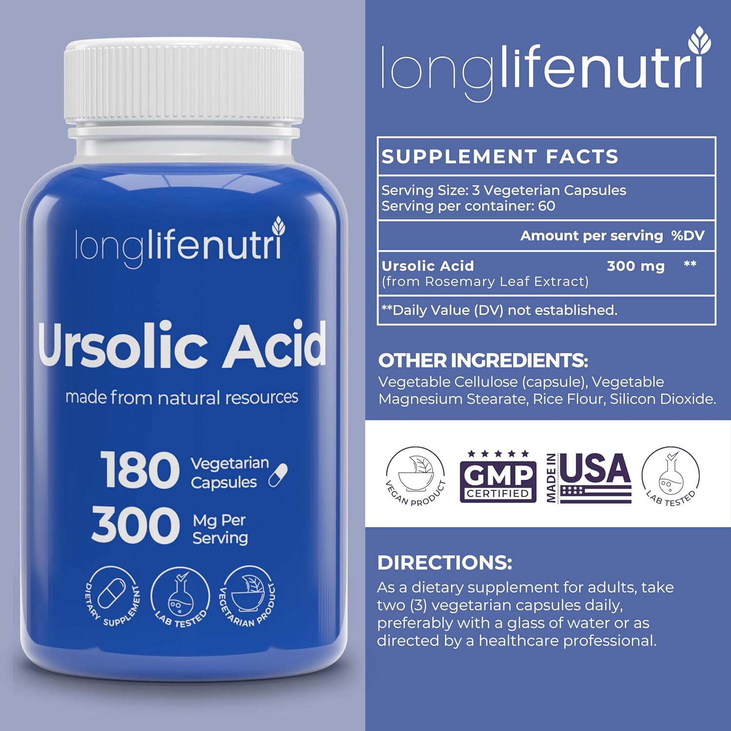 Organic LongLifeNutri Ursolic Acid 300mg Capsules - Rosemary Leaf Extract, 180 Vegetarian Caps, Muscle Growth & Recovery Supplement, 2-Month Supply, Lab Tested, GMP Certified, USA Made