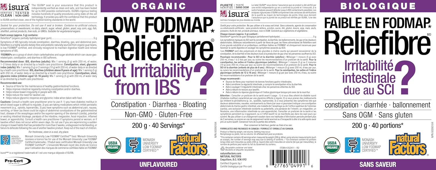 Organic Low FODMAP Reliefiber Digestive Fiber Powder - Unflavored 5.3 Oz by Natural Factors