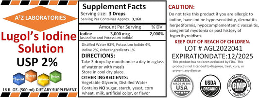 Organic Lugol's Iodine & Potassium Iodide 2% Solution 3000 mcg - Liquid Thyroid Support Supplement for Women & Men - Metabolism & Detox Boost - 16 Fl Oz - USA Made - Fast Shipping!