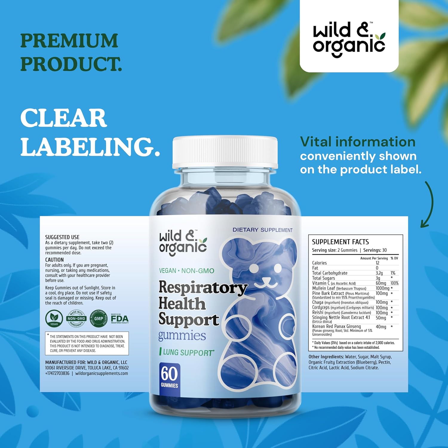 Organic Lung Cleanse Gummies - 1000mg Mullein & Mushroom Blend for Lungs - Vegan & Non-GMO - 60 Chews