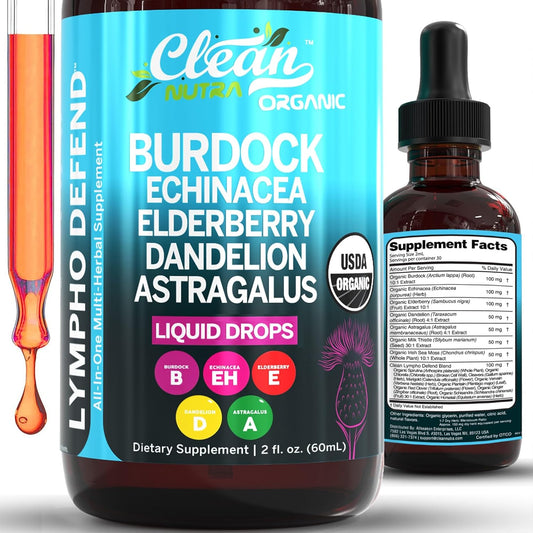 Organic Lymphatic Drainage Drops Supplement with Burdock Root Echinacea Elderberry for Immune Support by Clean Nutra