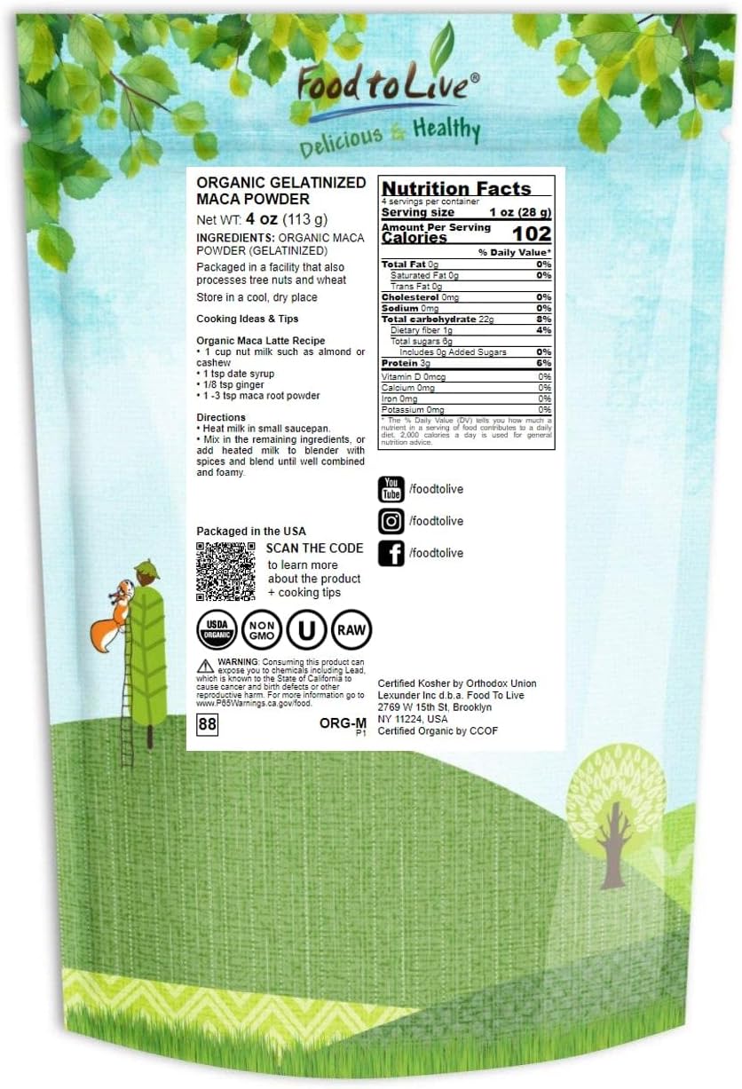 Organic Maca Powder 4oz - Gelatinized Non-GMO Vegan Kosher - Bulk Packaging by Food to Live