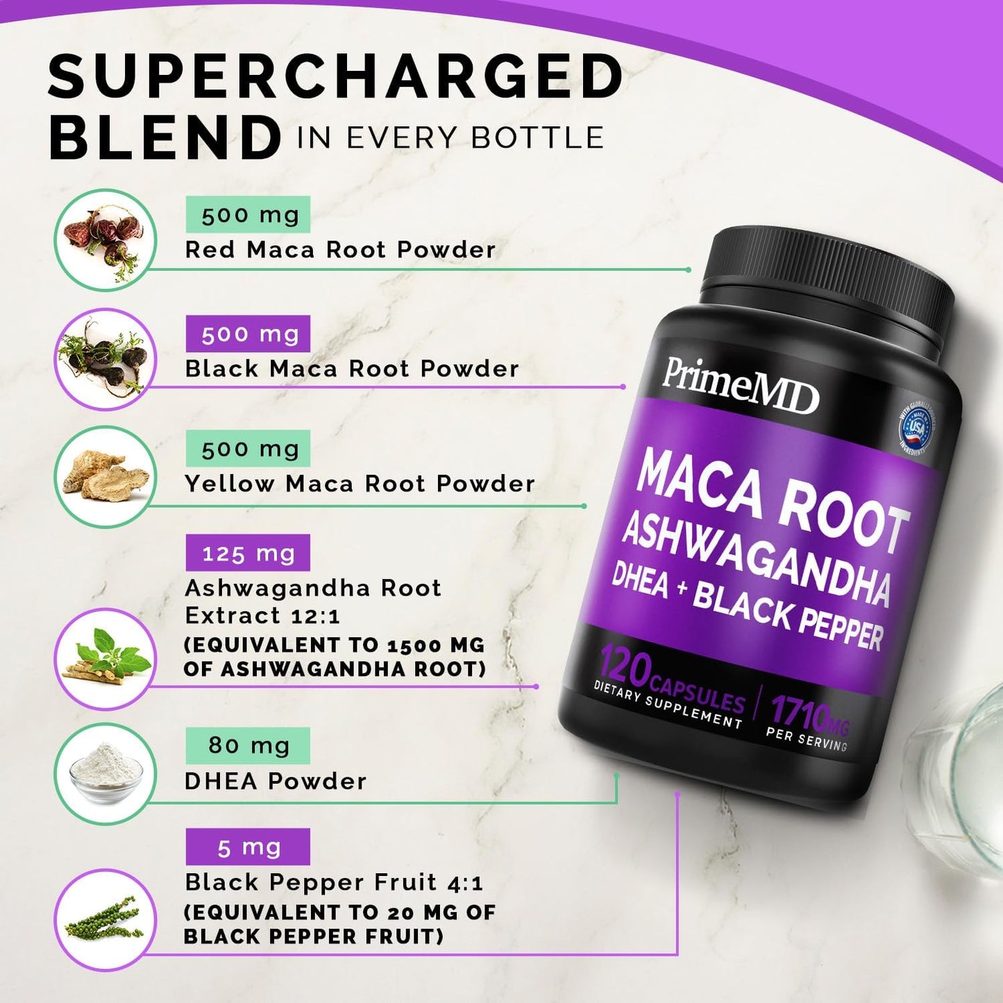 Organic Maca Root Ashwagandha Capsules with DHEA - Stamina and Mood Support Supplement for Women and Men - 120ct