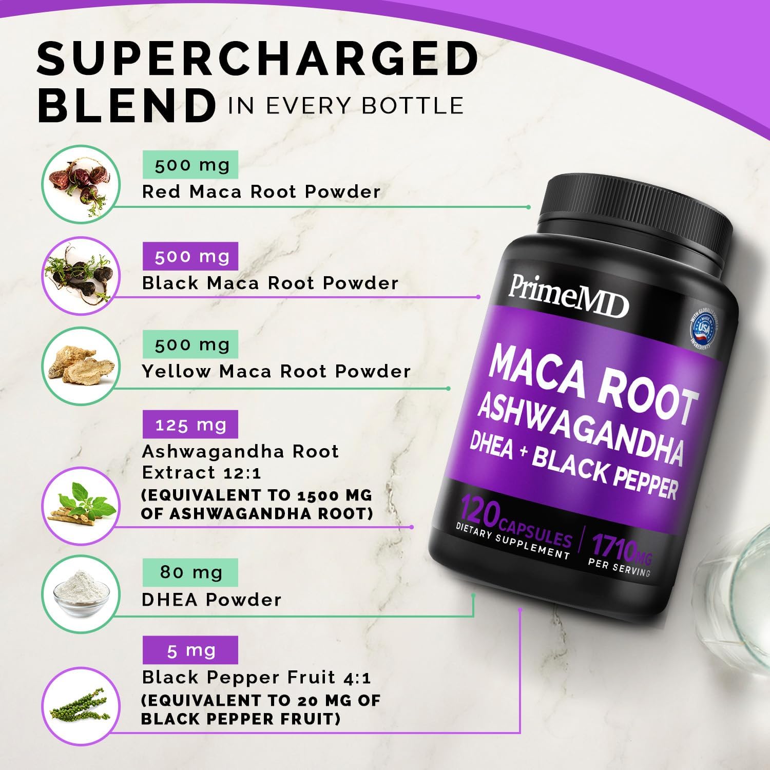 Organic Maca Root Ashwagandha Capsules with DHEA - Stamina and Mood Support Supplement for Women and Men - 120ct