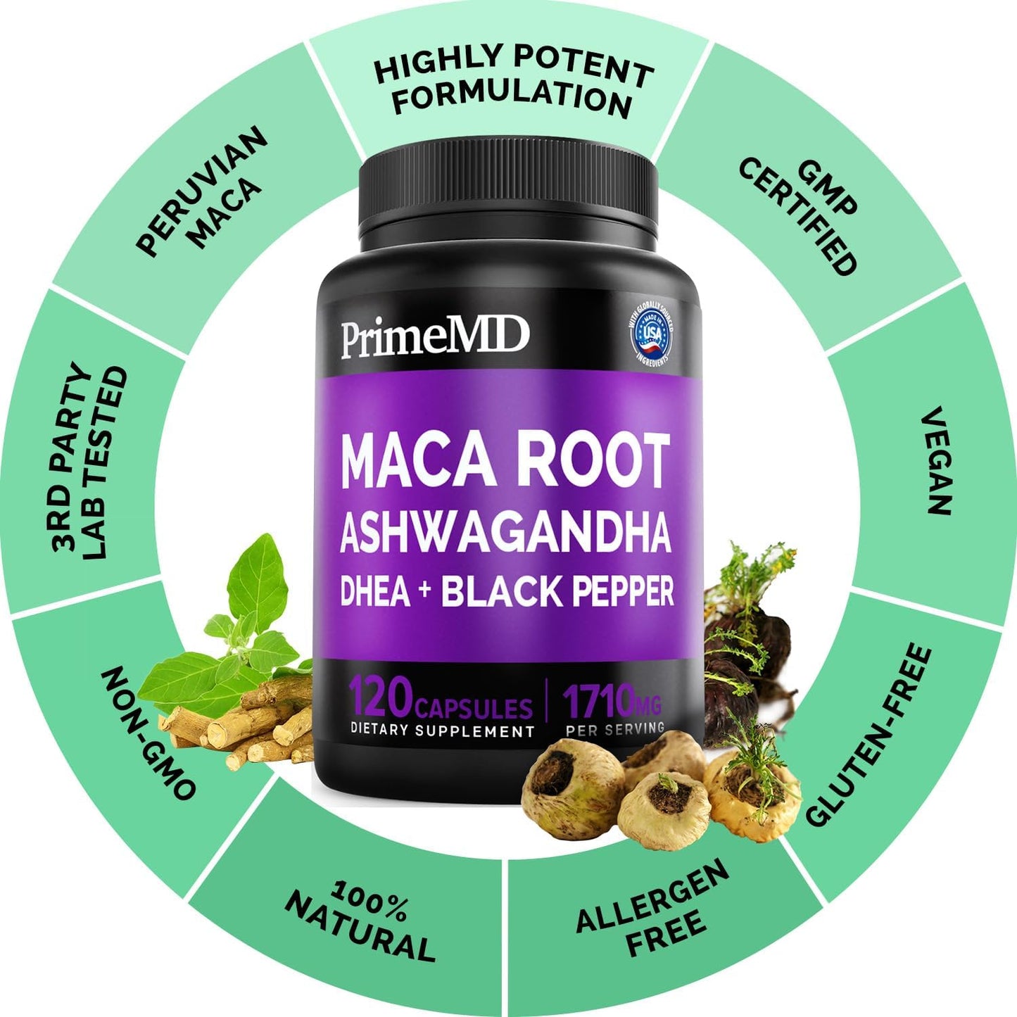 Organic Maca Root Ashwagandha Capsules with DHEA - Stamina and Mood Support Supplement for Women and Men - 120ct