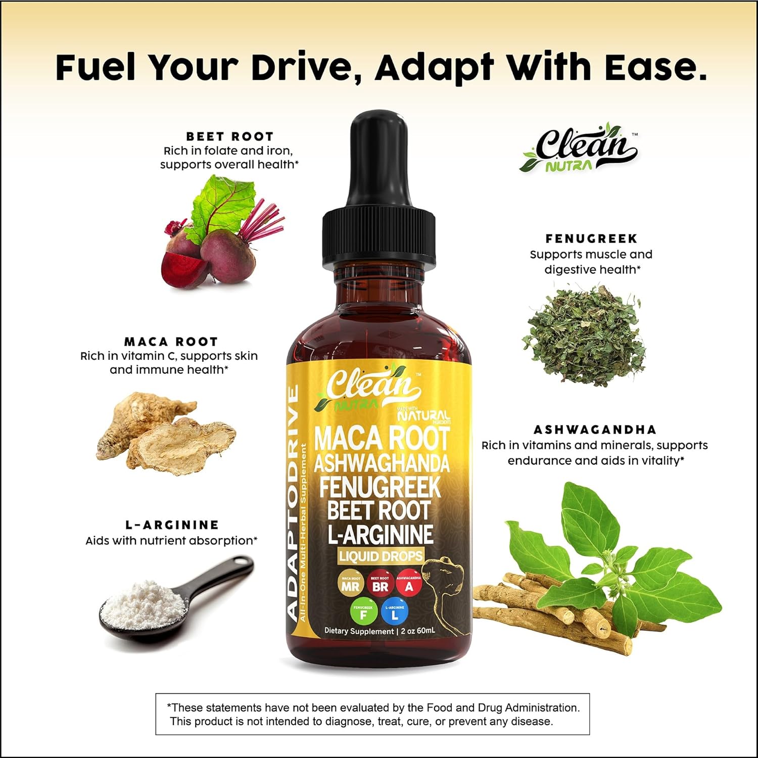 Organic Maca Root Liquid Drops with Ashwagandha - Liquid Multivitamin for Women and Men - Adapto Drive