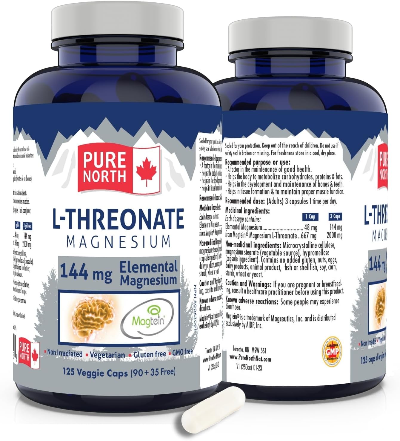Organic Magnesium L-Threonate Capsules - 144mg Elemental Magnesium - Magtein Supplement - 125 Capsules - Made in Canada - Pure North Naturals