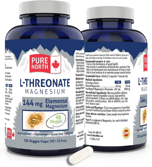 Organic Magnesium L-Threonate Capsules - 144mg Elemental Magnesium - Magtein Supplement - 125 Capsules - Made in Canada - Pure North Naturals