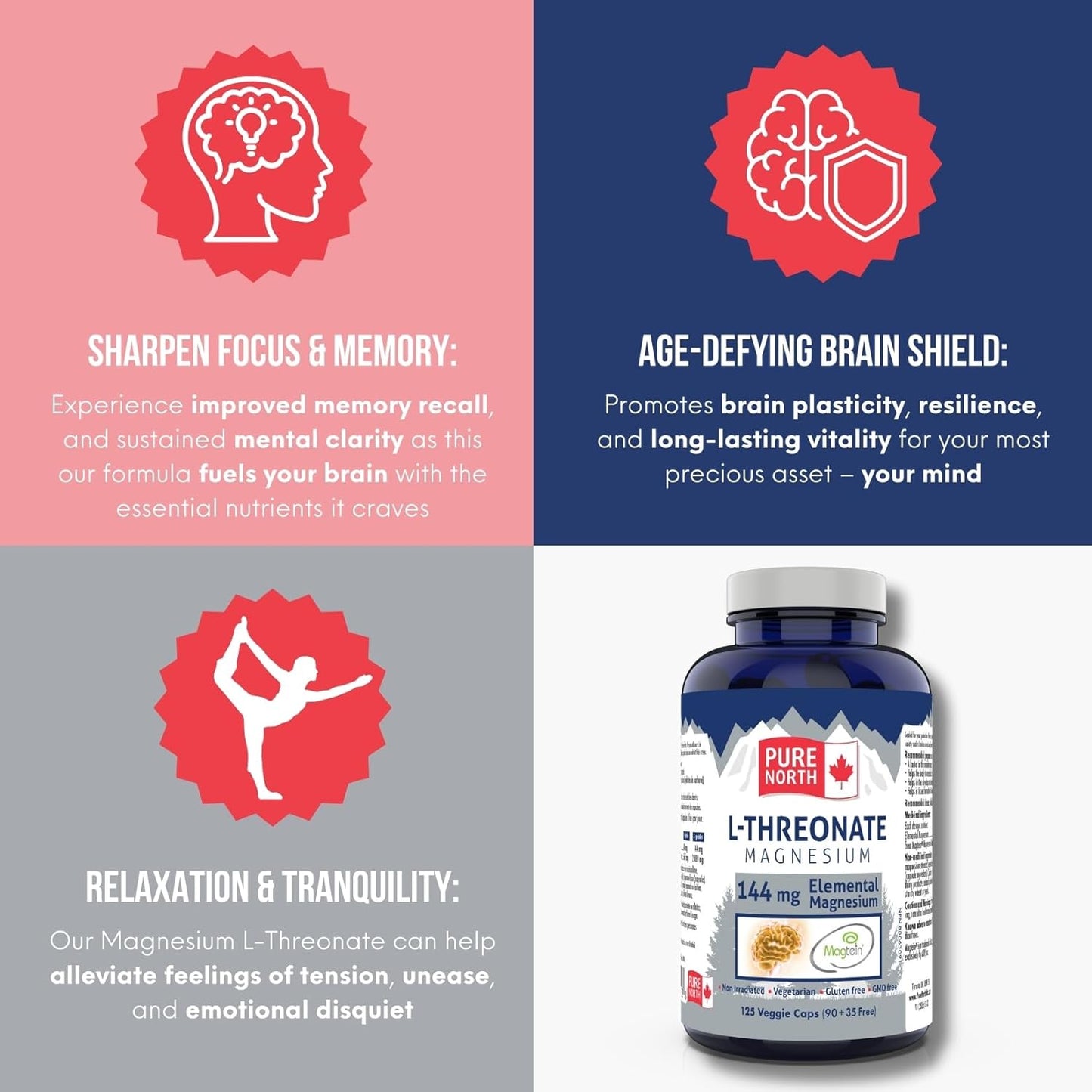 Organic Magnesium L-Threonate Capsules - 144mg Elemental Magnesium - Magtein Supplement - 125 Capsules - Made in Canada - Pure North Naturals