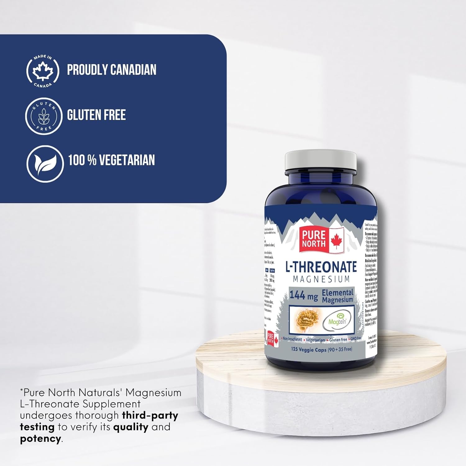 Organic Magnesium L-Threonate Capsules - 144mg Elemental Magnesium - Magtein Supplement - 125 Capsules - Made in Canada - Pure North Naturals