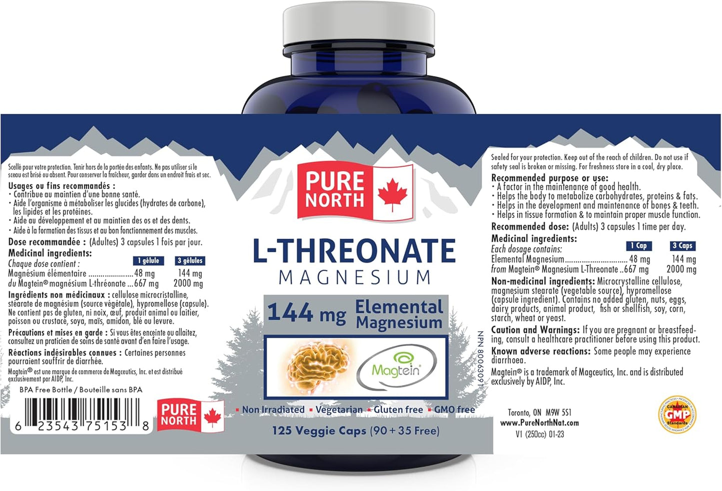 Organic Magnesium L-Threonate Capsules - 144mg Elemental Magnesium - Magtein Supplement - 125 Capsules - Made in Canada - Pure North Naturals