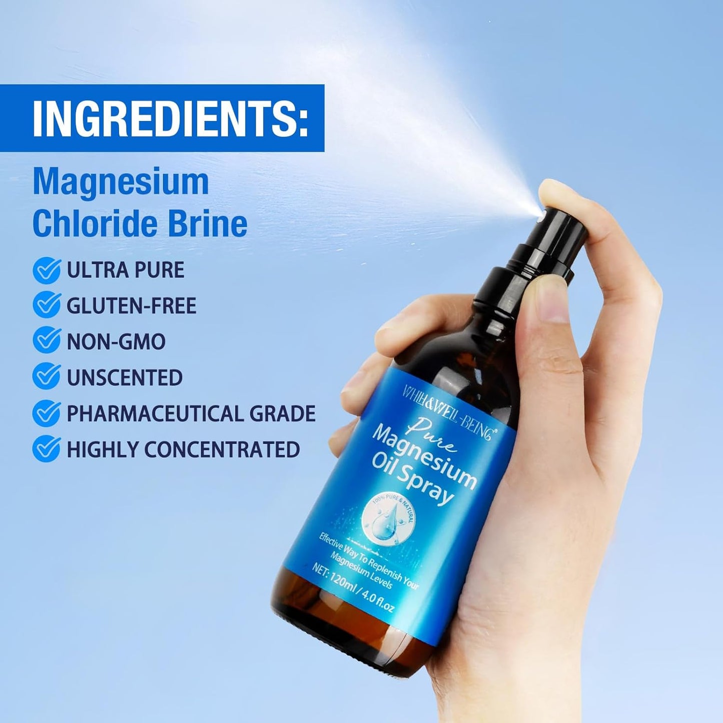 Organic Magnesium Oil Spray for Feet in Glass Bottle - 120ml, Easy Absorption, Natural Magnesium Oil Spray