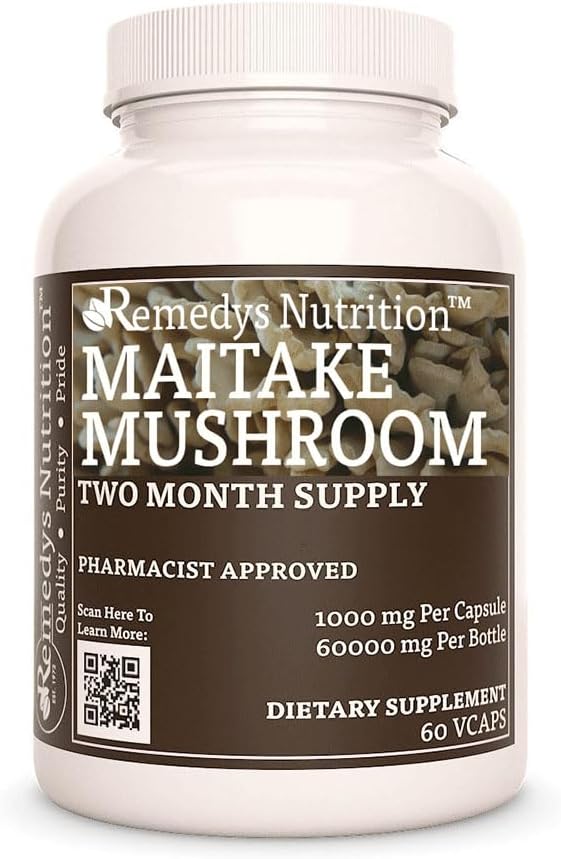 Organic Maitake Mushroom Capsules | 1,000 mg 60 Vegan Pills | Two Month Supply | Non-GMO, Gluten-Free, Dairy-Free