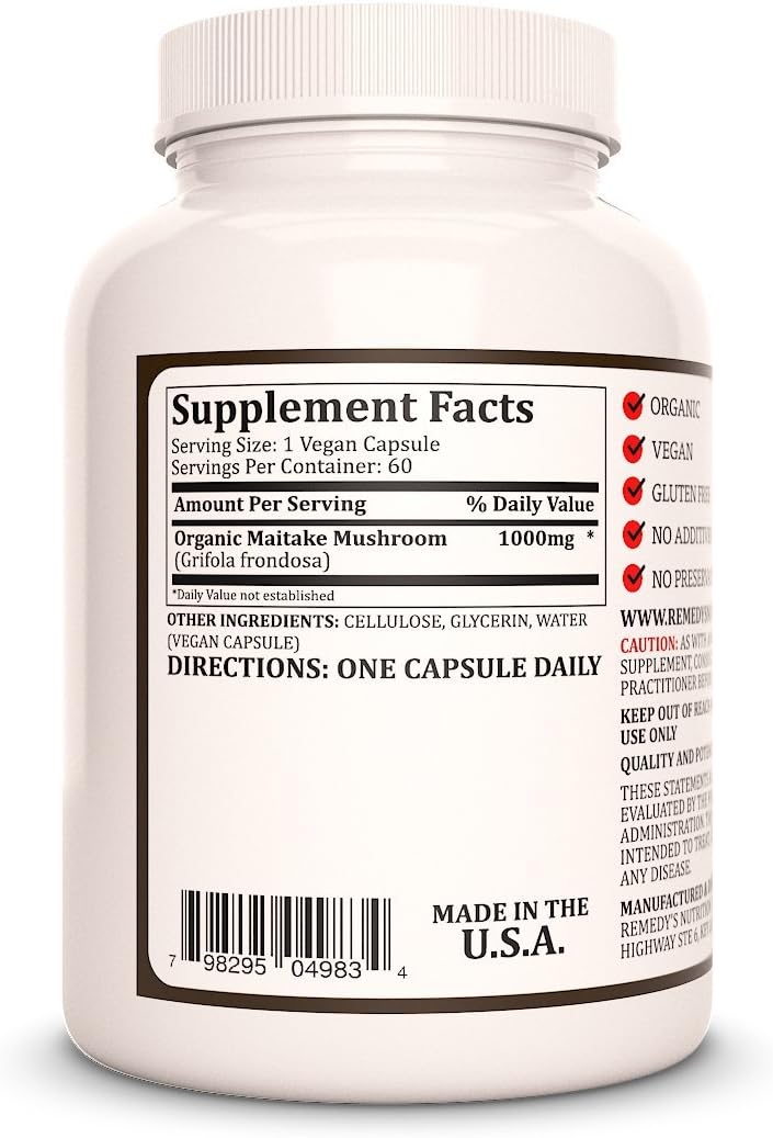 Organic Maitake Mushroom Capsules | 1,000 mg 60 Vegan Pills | Two Month Supply | Non-GMO, Gluten-Free, Dairy-Free