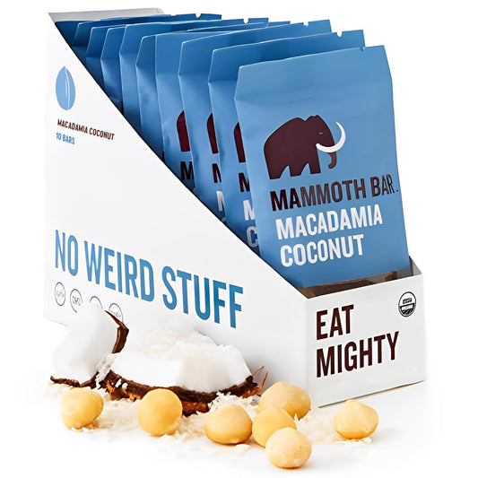 Organic Mammoth Bar Macadamia Coconut Protein Snack Bar with Premium Nuts & Egg White - Paleo, Gluten Free, GMO Free, Raw - 10g Protein