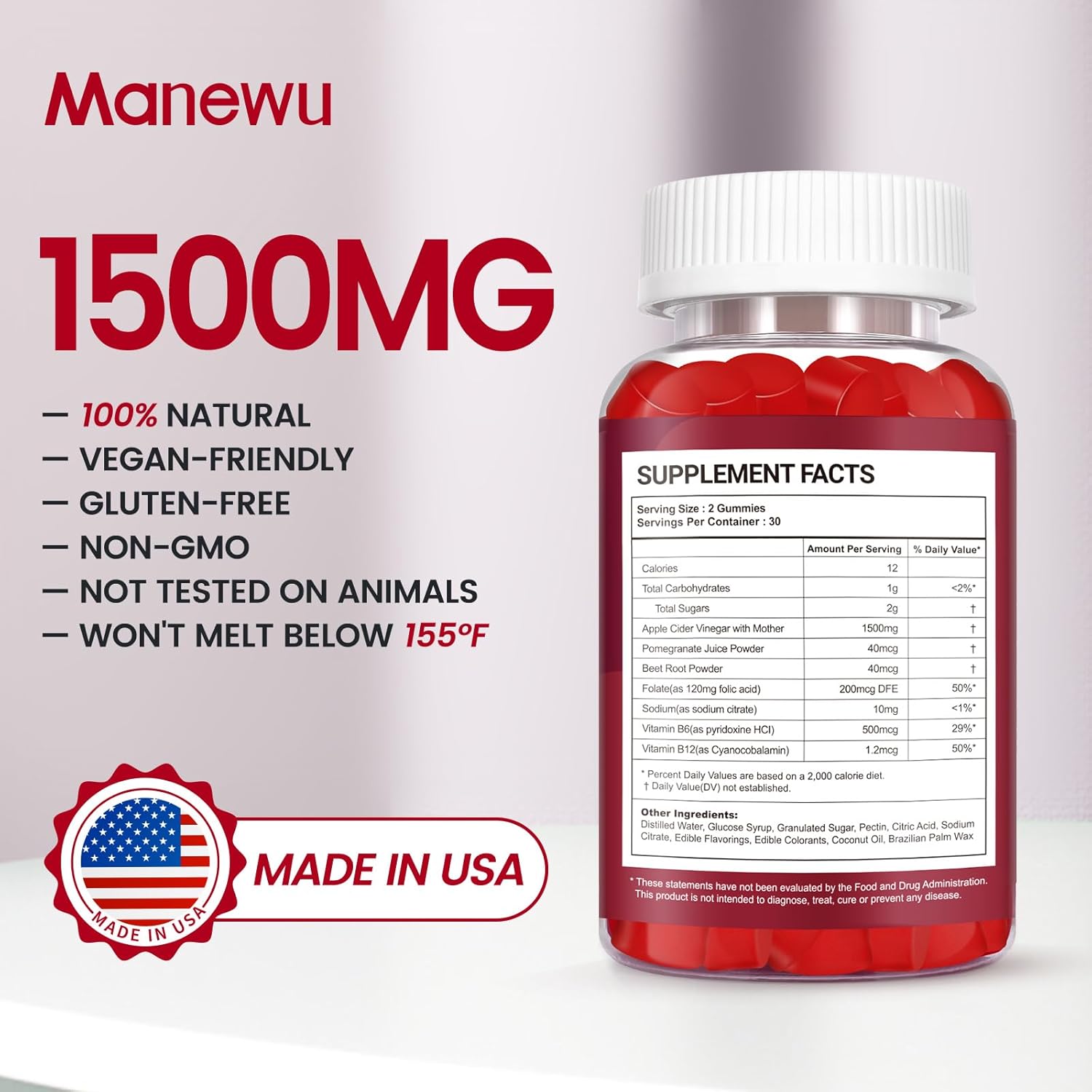 Organic Manewu Keto ACV Gummies - 1500mg Rapid ACV Diet Supplement for Gut Digestion - Gluten Free Apple Cider Vinegar Gummies for Men and Women