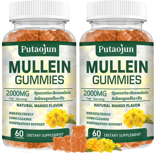 Organic Mango Flavored Mullein Gummies for Lung Health | Vegetarian Mullein Supplements for Immune Support | Non-Sticky Mullein Leaf Extract Gummies - 2 Pack