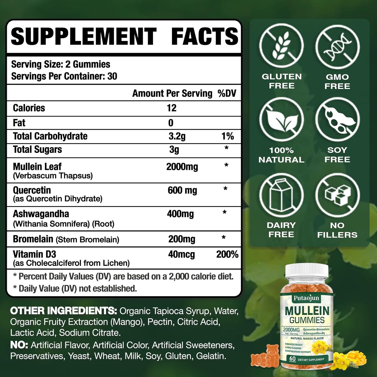 Organic Mango Flavored Mullein Gummies for Lung Health | Vegetarian Mullein Supplements for Immune Support | Non-Sticky Mullein Leaf Extract Gummies - 2 Pack