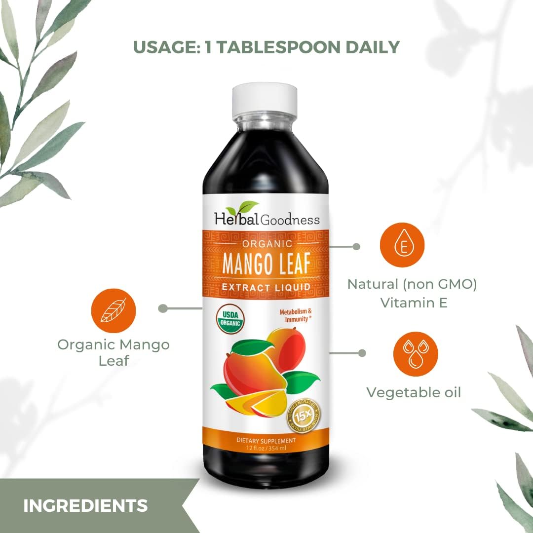 Organic Mango Leaf Extract Liquid - African & Black Mango - Supports Gut, Immunity, Digestion & Wellness - Natural Herbal Supplement - 12oz Bottle