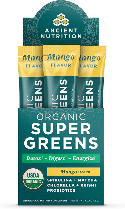 Organic Mango SuperGreens Powder with Probiotics for Digestive Support, Energy Boost, 16 Stick Packs, 4.3oz