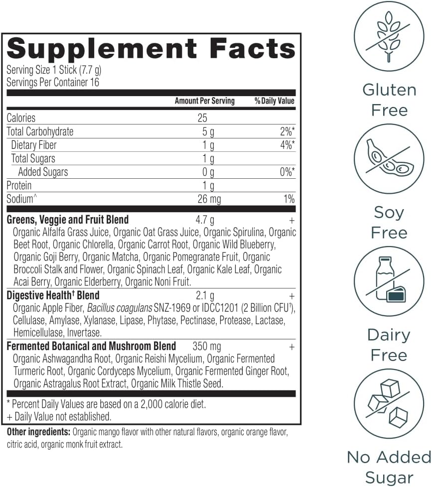 Organic Mango SuperGreens Powder with Probiotics for Digestive Support, Energy Boost, 16 Stick Packs, 4.3oz