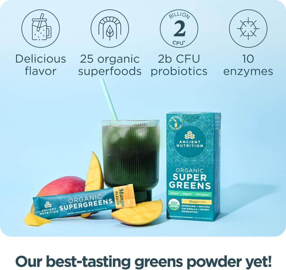 Organic Mango SuperGreens Powder with Probiotics for Digestive Support, Energy Boost, 16 Stick Packs, 4.3oz