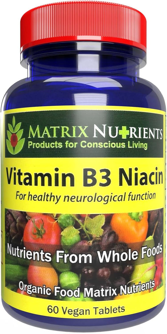 Organic Matrix Nutrients Vitamin B3 Niacin Tablets for Digestive, Heart, and Immune Support - Vegan - Brain Function, Energy, Stress Reduction - 60 Count