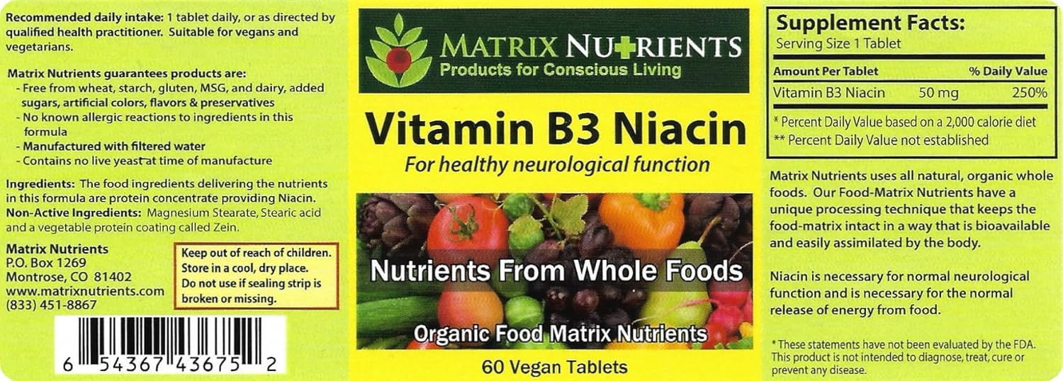 Organic Matrix Nutrients Vitamin B3 Niacin Tablets for Digestive, Heart, and Immune Support - Vegan - Brain Function, Energy, Stress Reduction - 60 Count