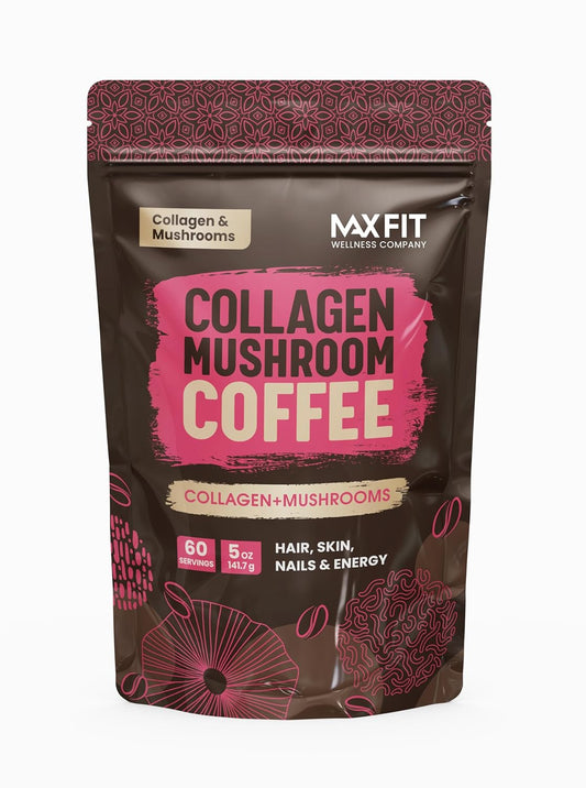 Organic MAX FIT Collagen Mushroom Coffee with Lion’s Mane, Chaga & Collagen - 60 Servings for Mental Focus & Hair, Skin, Nails Health