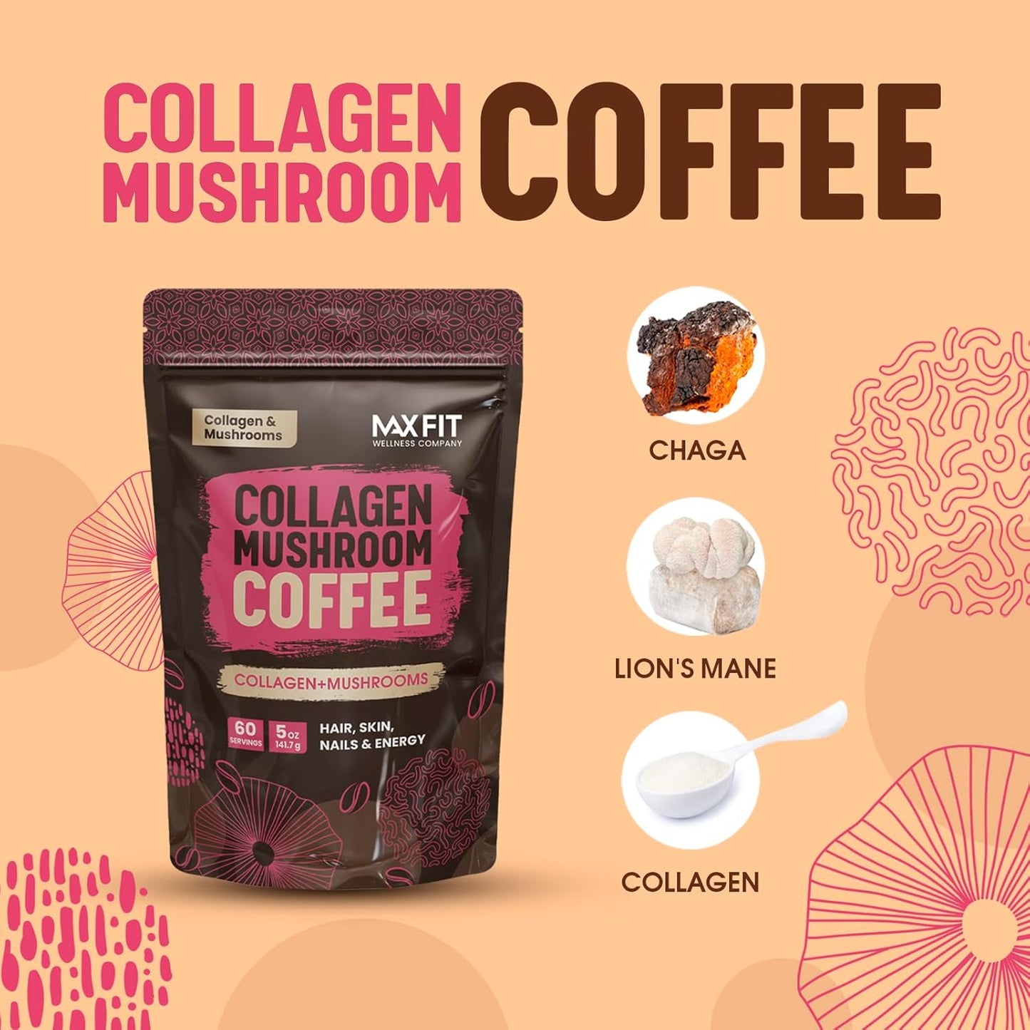 Organic MAX FIT Collagen Mushroom Coffee with Lion’s Mane, Chaga & Collagen - 60 Servings for Mental Focus & Hair, Skin, Nails Health