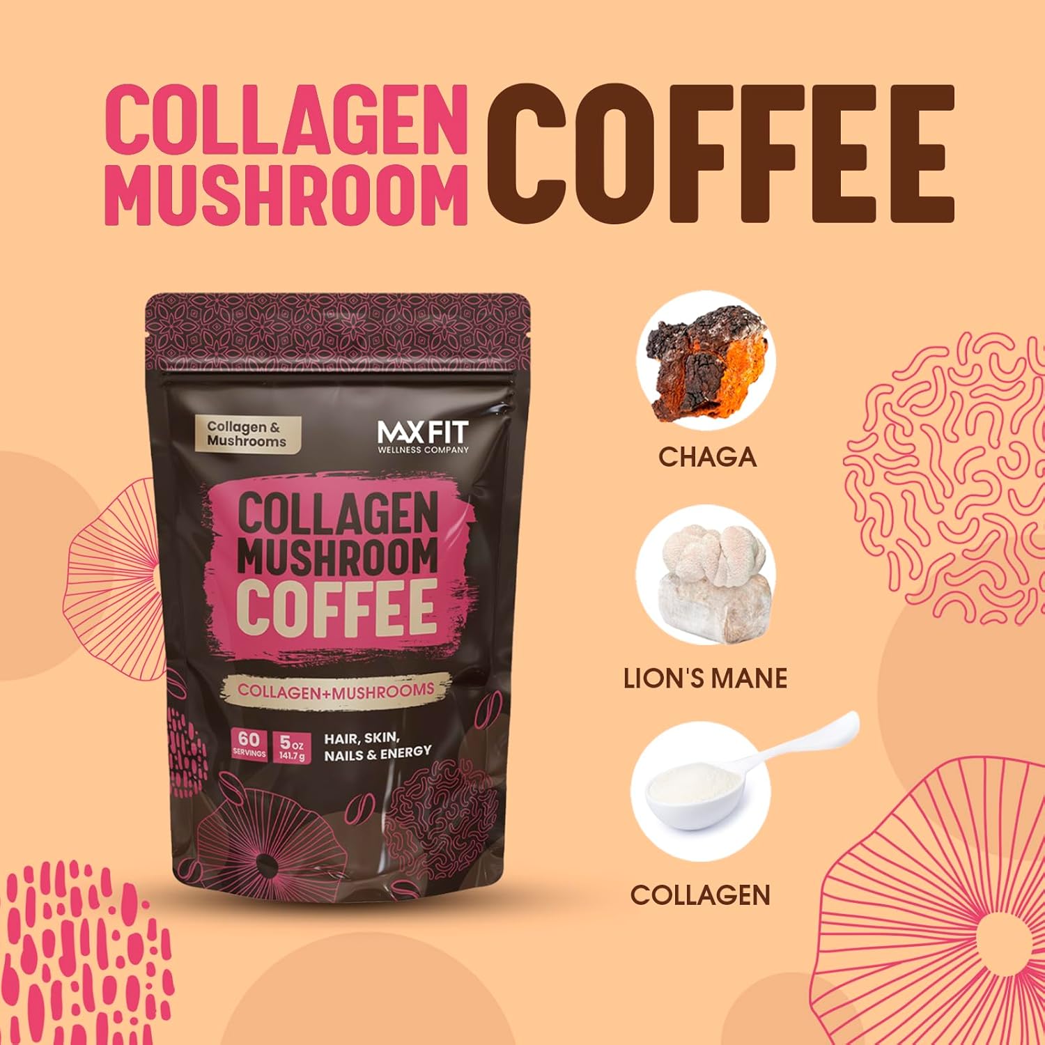 Organic MAX FIT Collagen Mushroom Coffee with Lion’s Mane, Chaga & Collagen - 60 Servings for Mental Focus & Hair, Skin, Nails Health