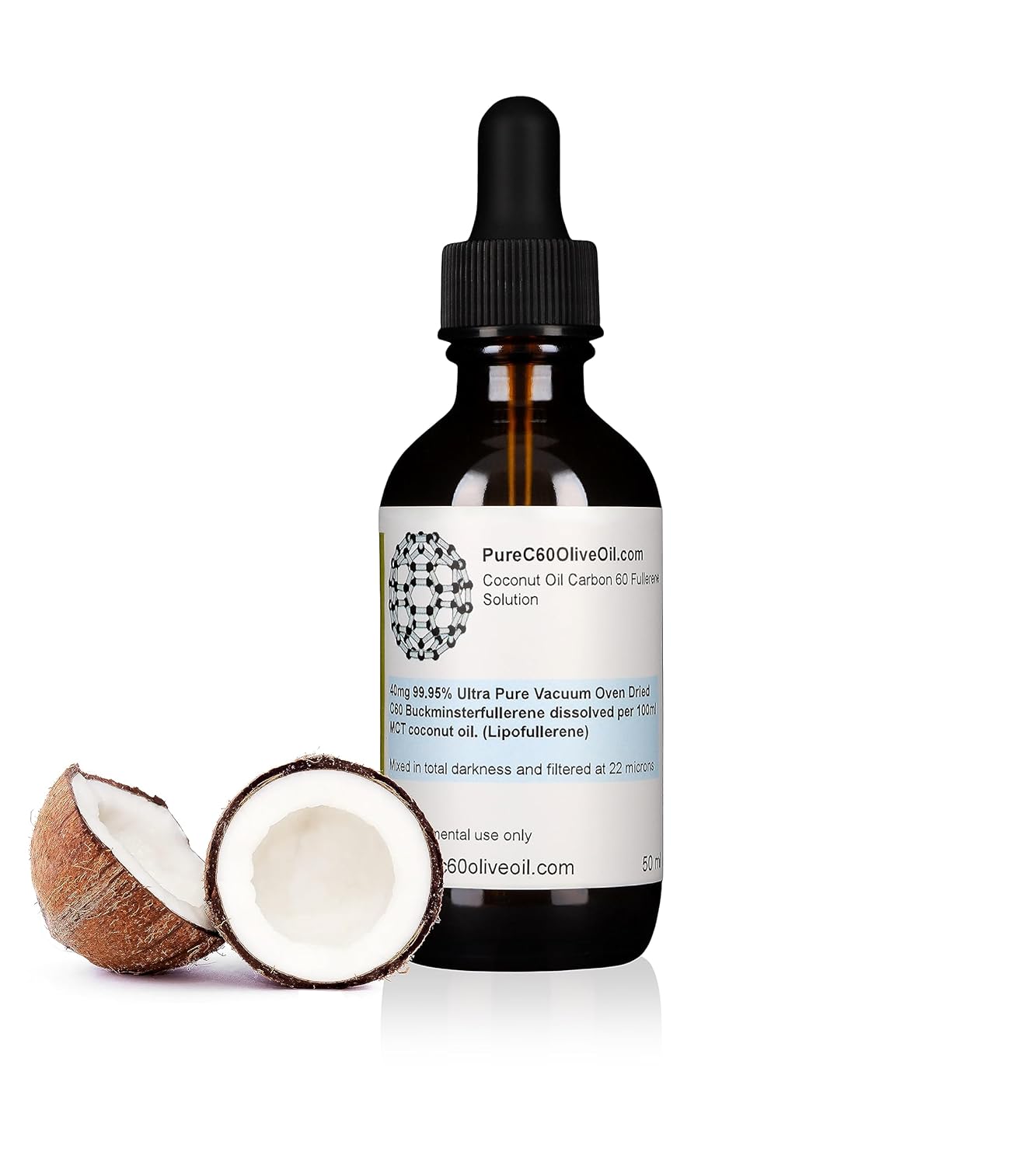 Organic MCT Coconut Oil with 20mg Carbon 60 in Amber Glass Bottle - Food Grade - 1.7 Fl Oz - PureC60OliveOil