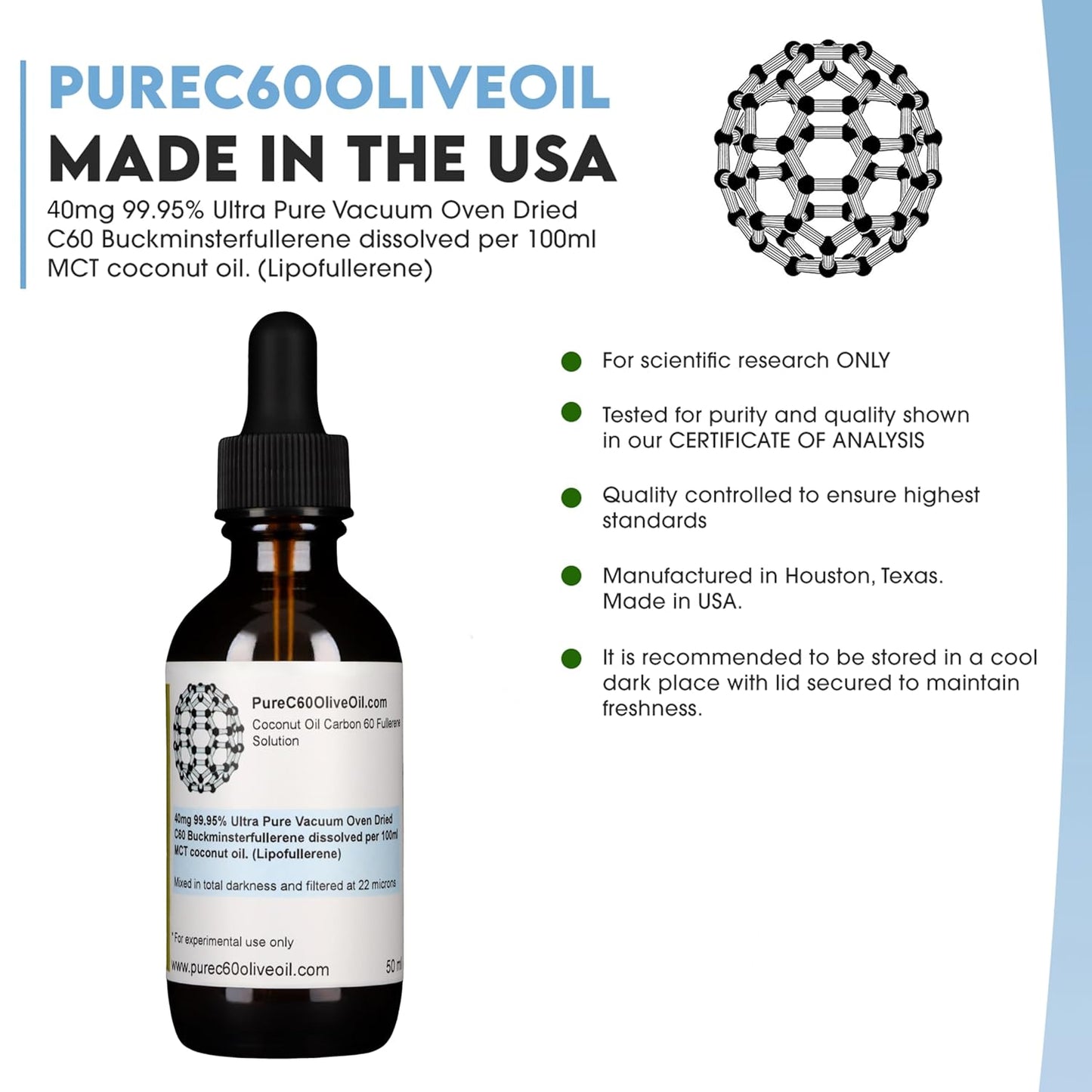 Organic MCT Coconut Oil with 20mg Carbon 60 in Amber Glass Bottle - Food Grade - 1.7 Fl Oz - PureC60OliveOil