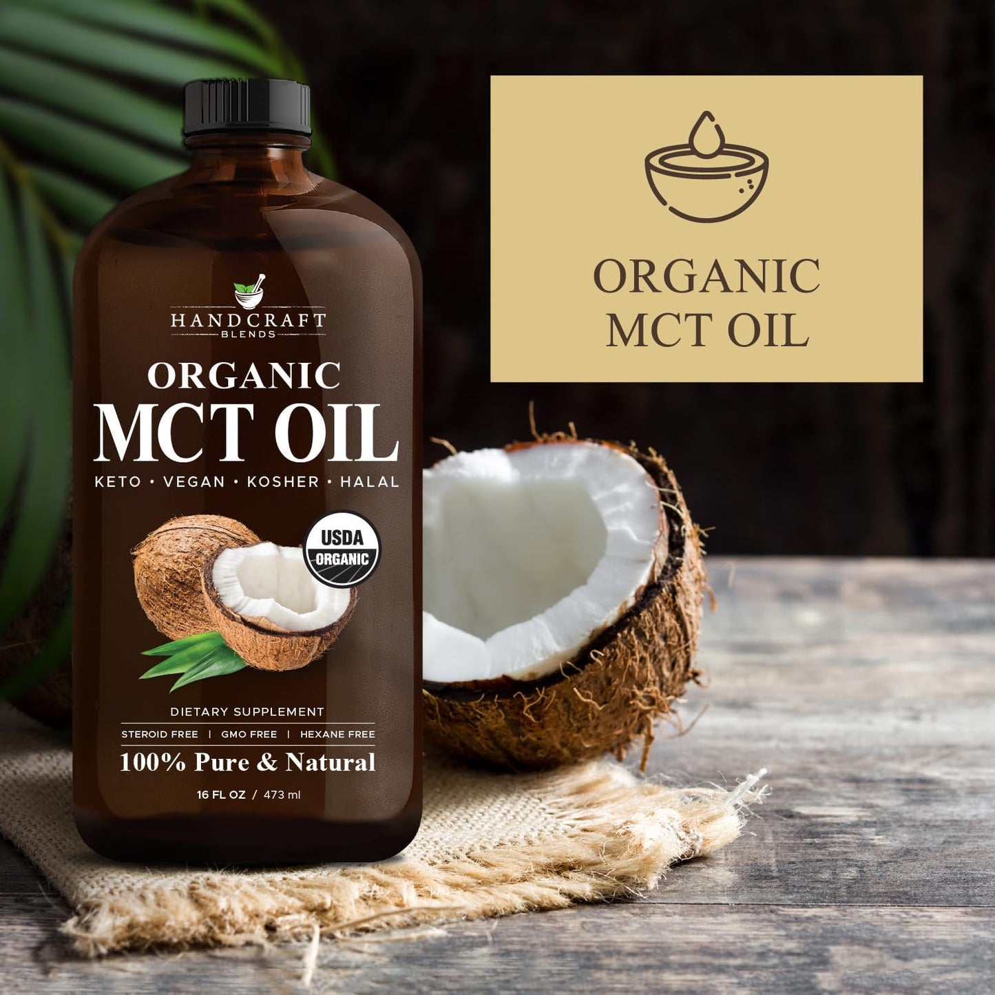 Organic MCT Oil 16 fl oz - Handcrafted from Coconuts, Keto-Friendly, Non-GMO, Vegan - Ideal for Beverages, Coffee, Tea