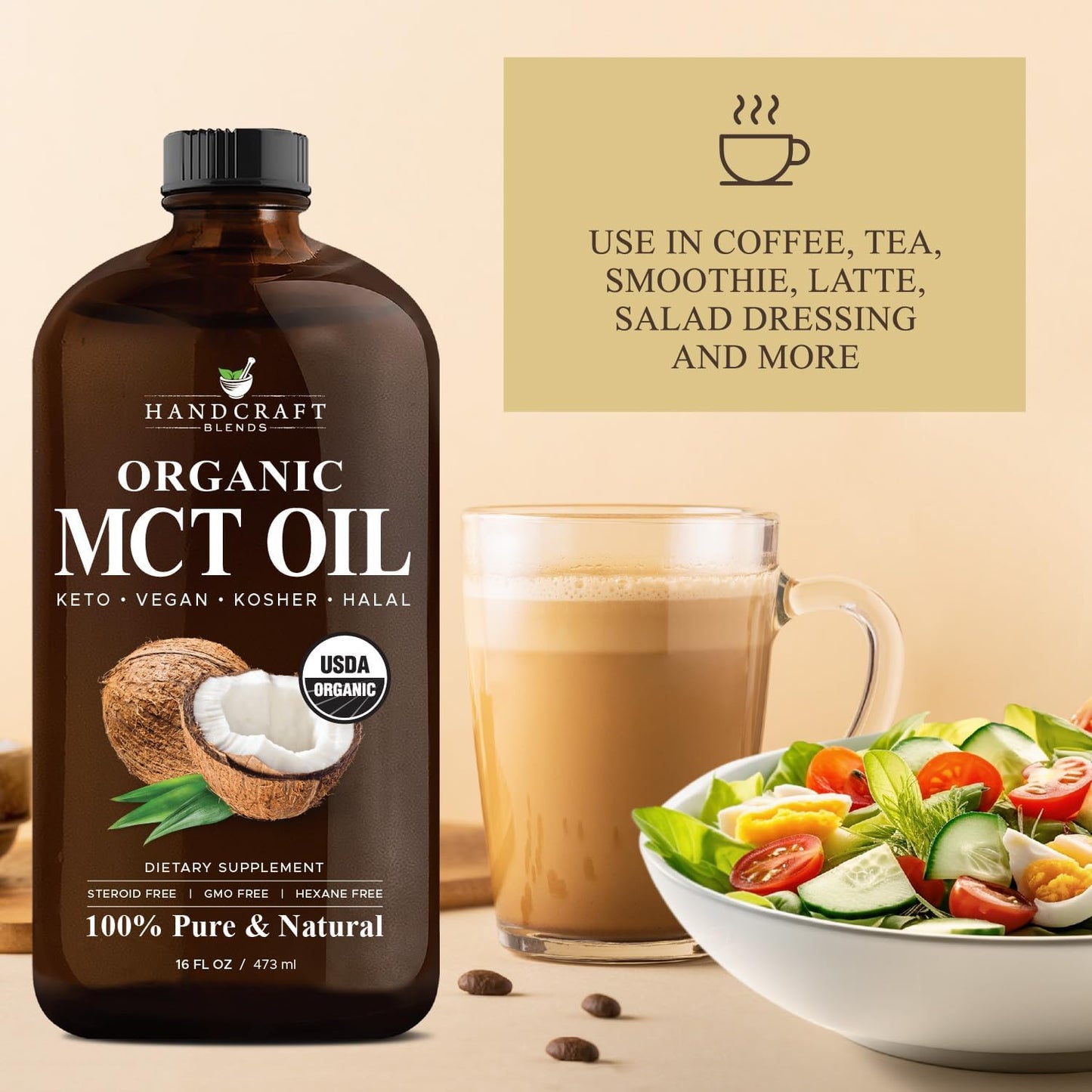 Organic MCT Oil 16 fl oz - Handcrafted from Coconuts, Keto-Friendly, Non-GMO, Vegan - Ideal for Beverages, Coffee, Tea