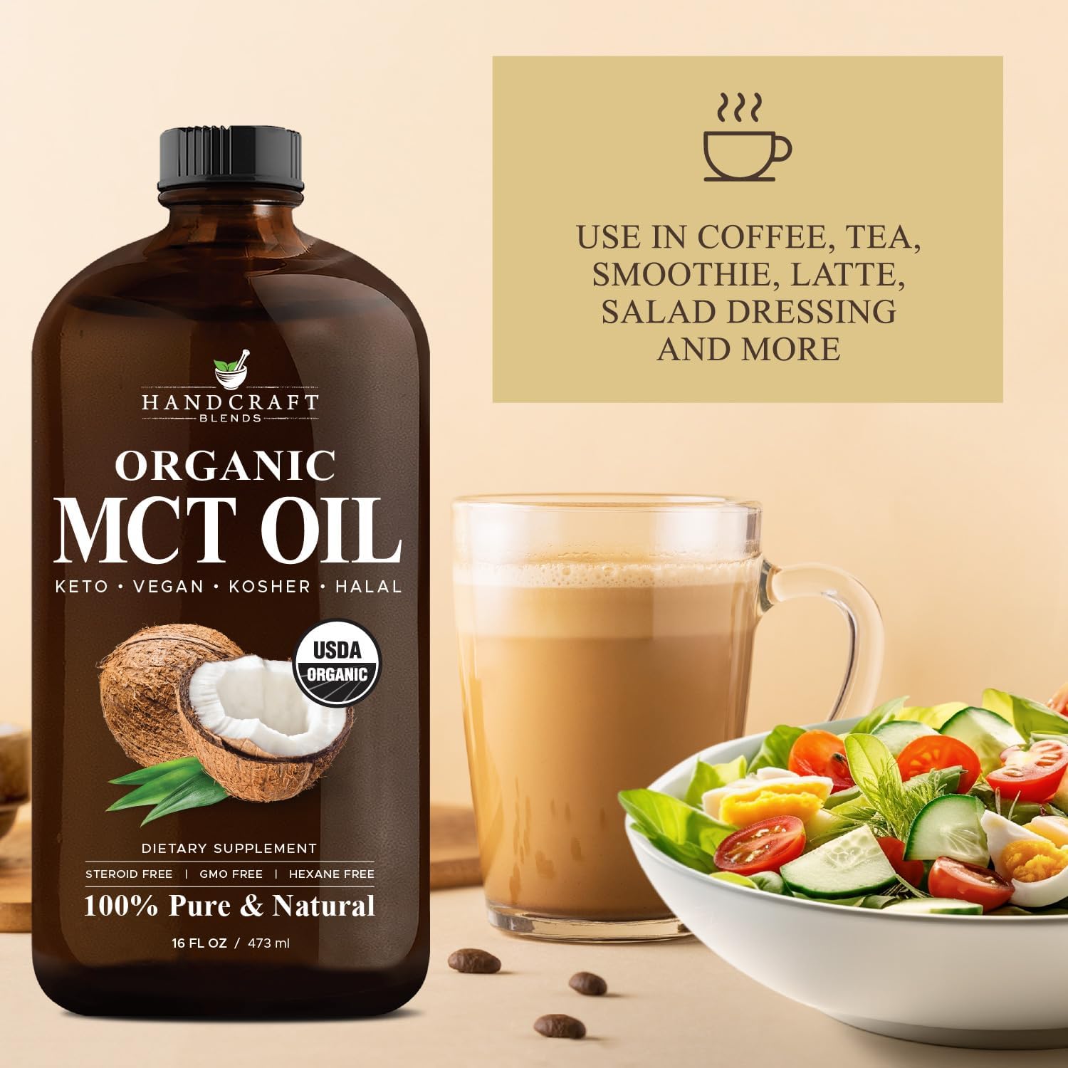 Organic MCT Oil 16 fl oz - Handcrafted from Coconuts, Keto-Friendly, Non-GMO, Vegan - Ideal for Beverages, Coffee, Tea