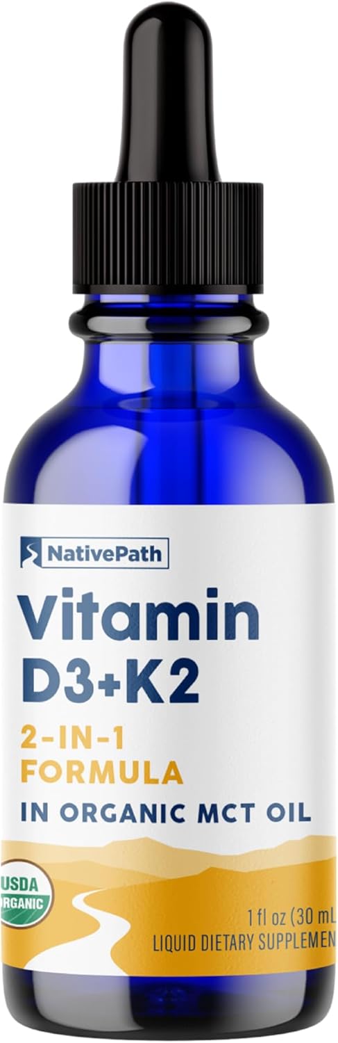Organic MCT Oil D3K2 Tincture - High Potency Vitamin D3 and K2 Supplement for Bone Health - 1 fl oz Bottle - 30 Servings