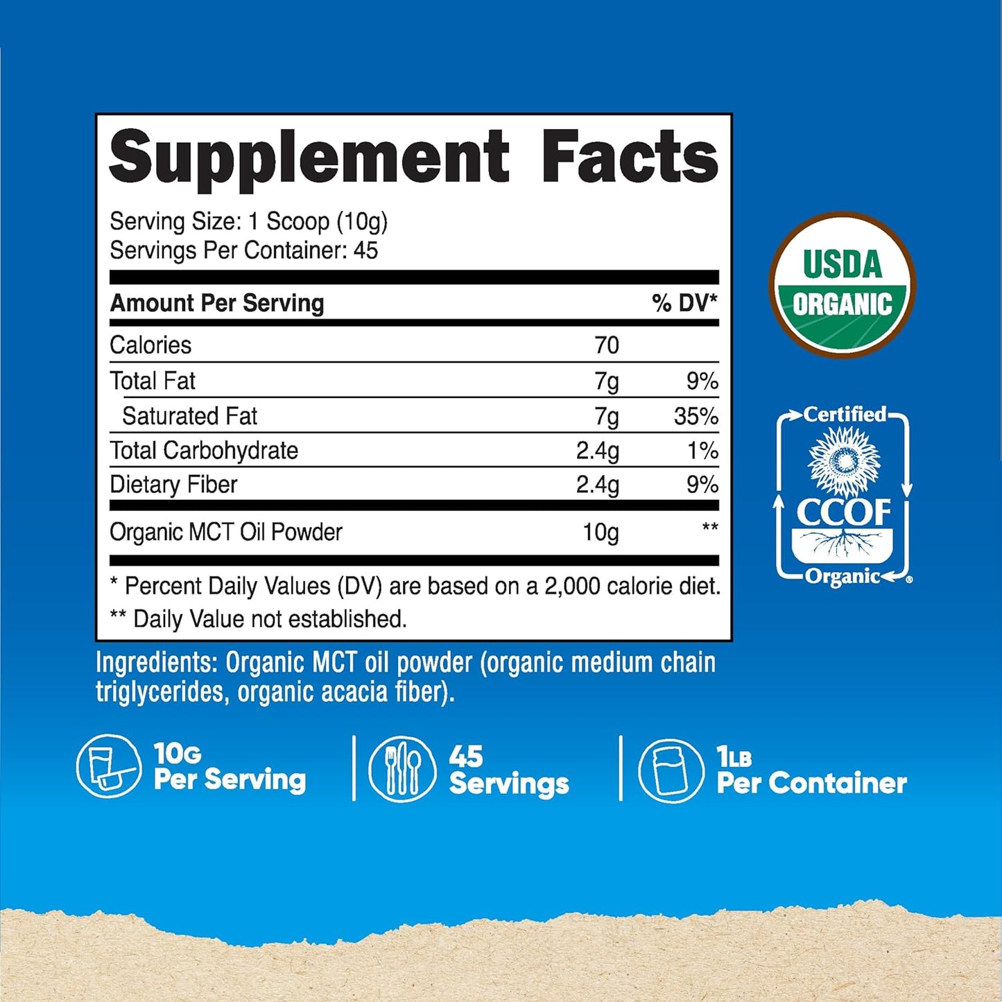 Organic MCT Oil Powder 1 LB - Certified USDA Organic, Ideal for Keto & Ketogenic Diets - Zero Net Carbs