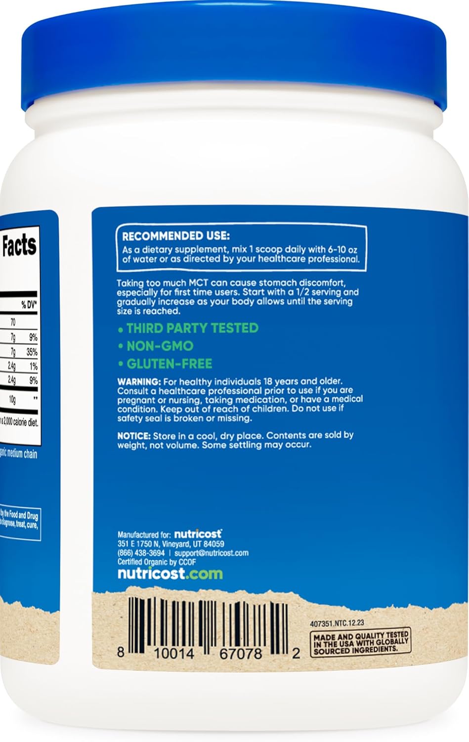 Organic MCT Oil Powder 1 LB - Certified USDA Organic, Ideal for Keto & Ketogenic Diets - Zero Net Carbs