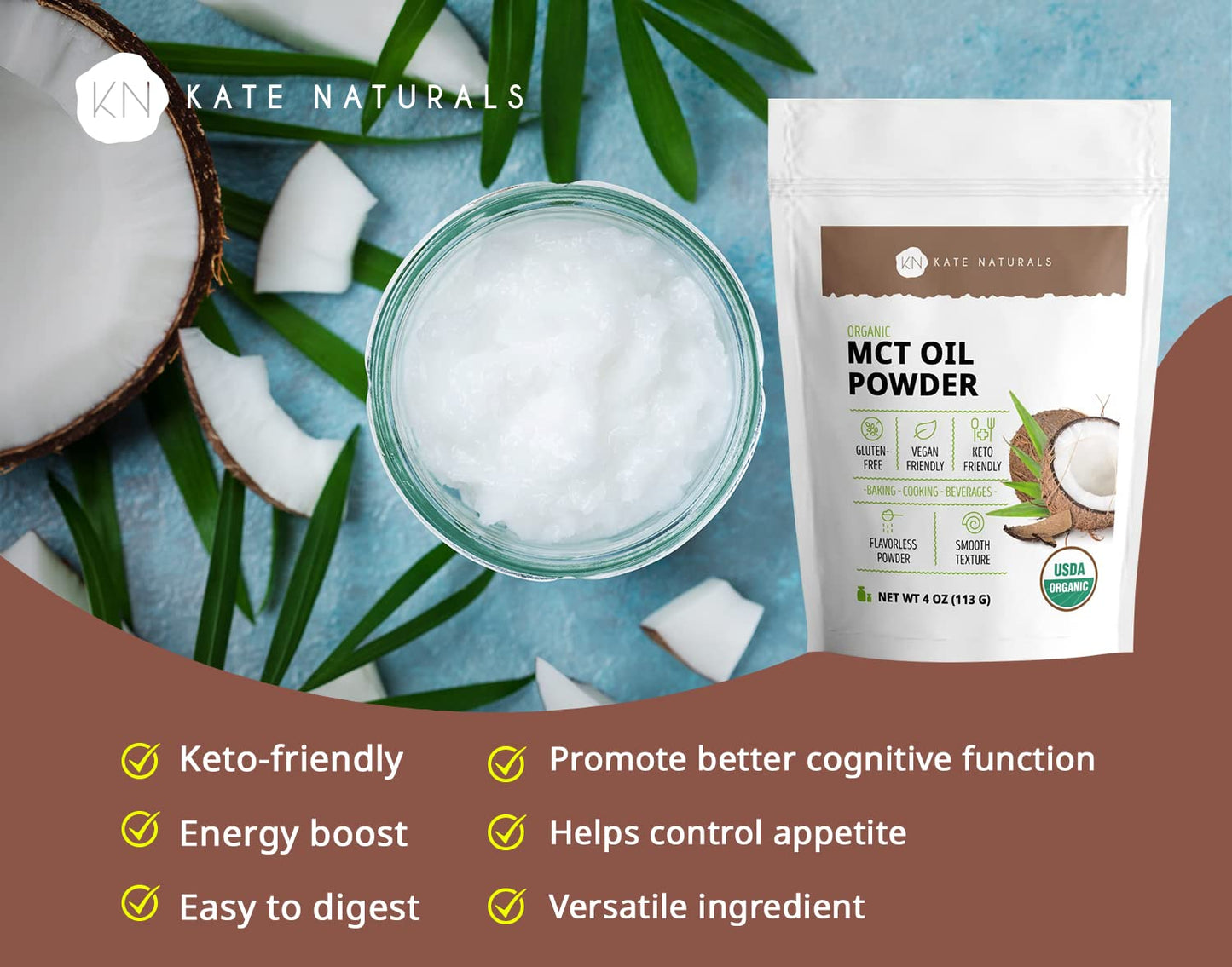 Organic MCT Oil Powder: Non-Dairy Coffee Creamer for Keto Diet. Fuel for Body & Brain. Ideal for Cooking, Baking, & Beverages. 4 oz Resealable Bag.