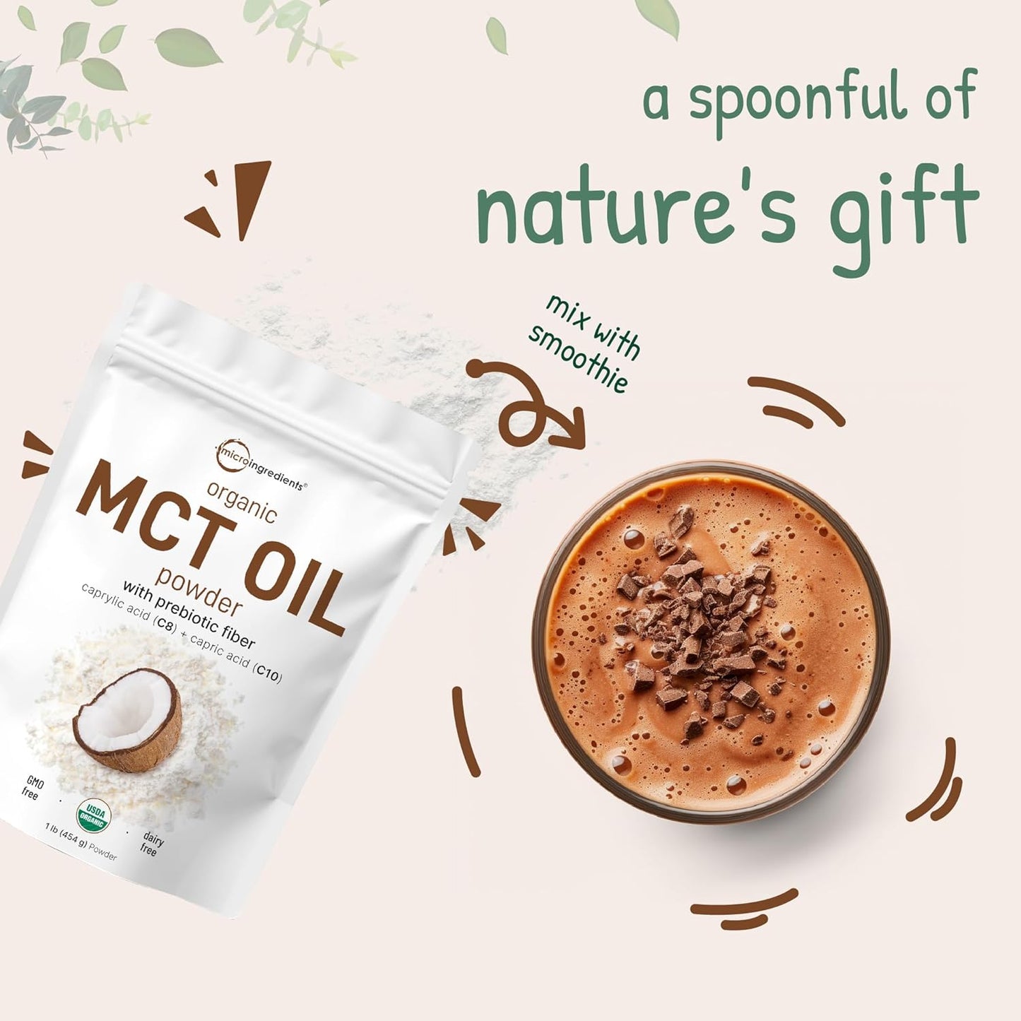 Organic MCT Oil Powder with Prebiotic Fiber, 1lb - Fuel for Body & Brain, C8 MCT Oil Coffee Creamer - No GMOs, Keto & Vegan - Micro Ingredients