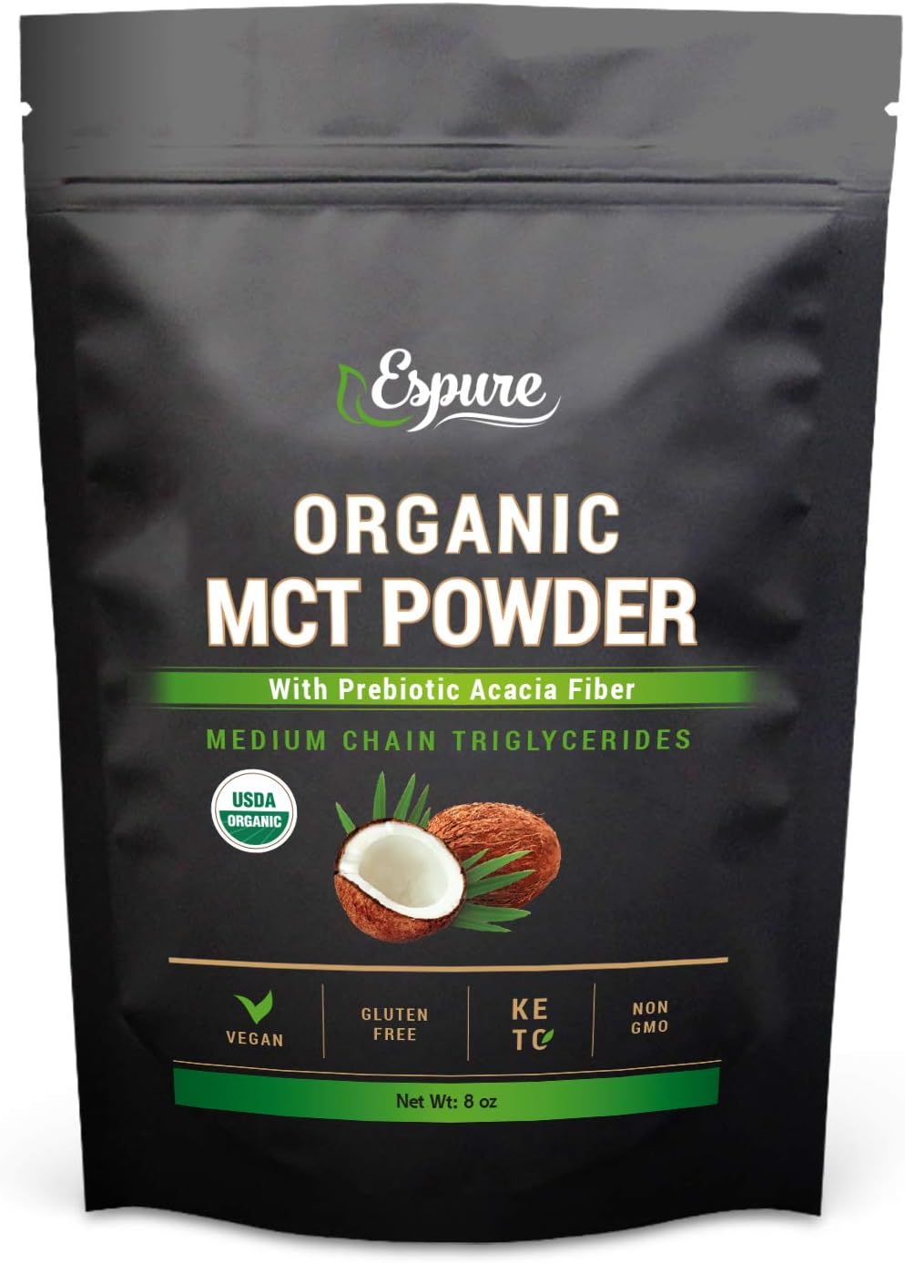 Organic MCT Powder with USDA Certification, Prebiotic Acacia Fiber - Keto, Vegan, Gluten Free - 8oz