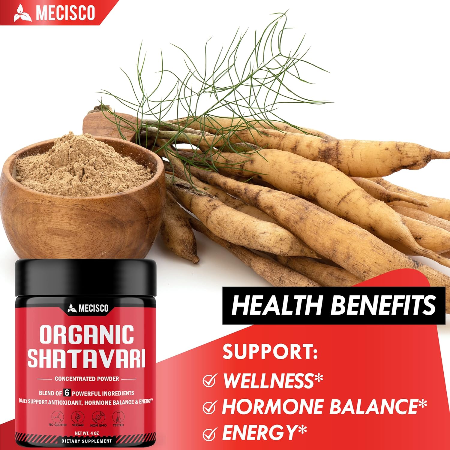 Organic Mecisco 6in1 Shatavari Powder Blend - With Ashwagandha, Bacopa Monnieri, Vitex Berry, Fenugreek, Black Pepper - Promotes Rejuvenation, Energy, Vitality - 4 Oz