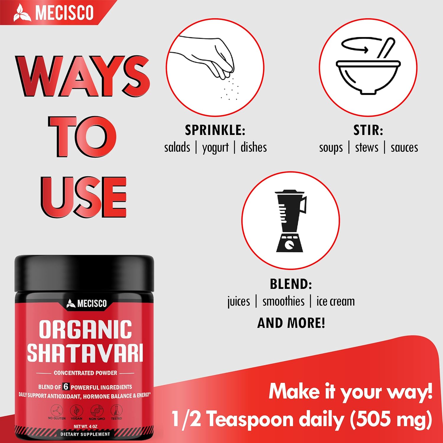 Organic Mecisco 6in1 Shatavari Powder Blend - With Ashwagandha, Bacopa Monnieri, Vitex Berry, Fenugreek, Black Pepper - Promotes Rejuvenation, Energy, Vitality - 4 Oz