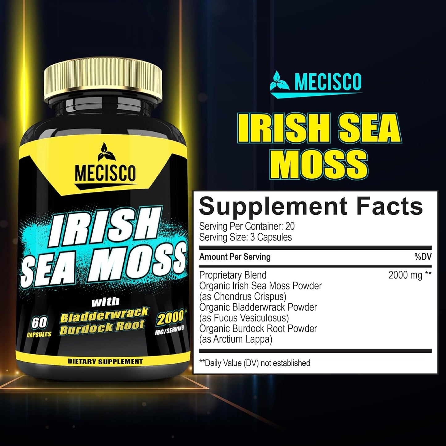 Organic Mecisco Sea Moss Capsules with Bladderwrack & Burdock Root - Immune Support, Joint Health, Energy - 60 Veggie Caps