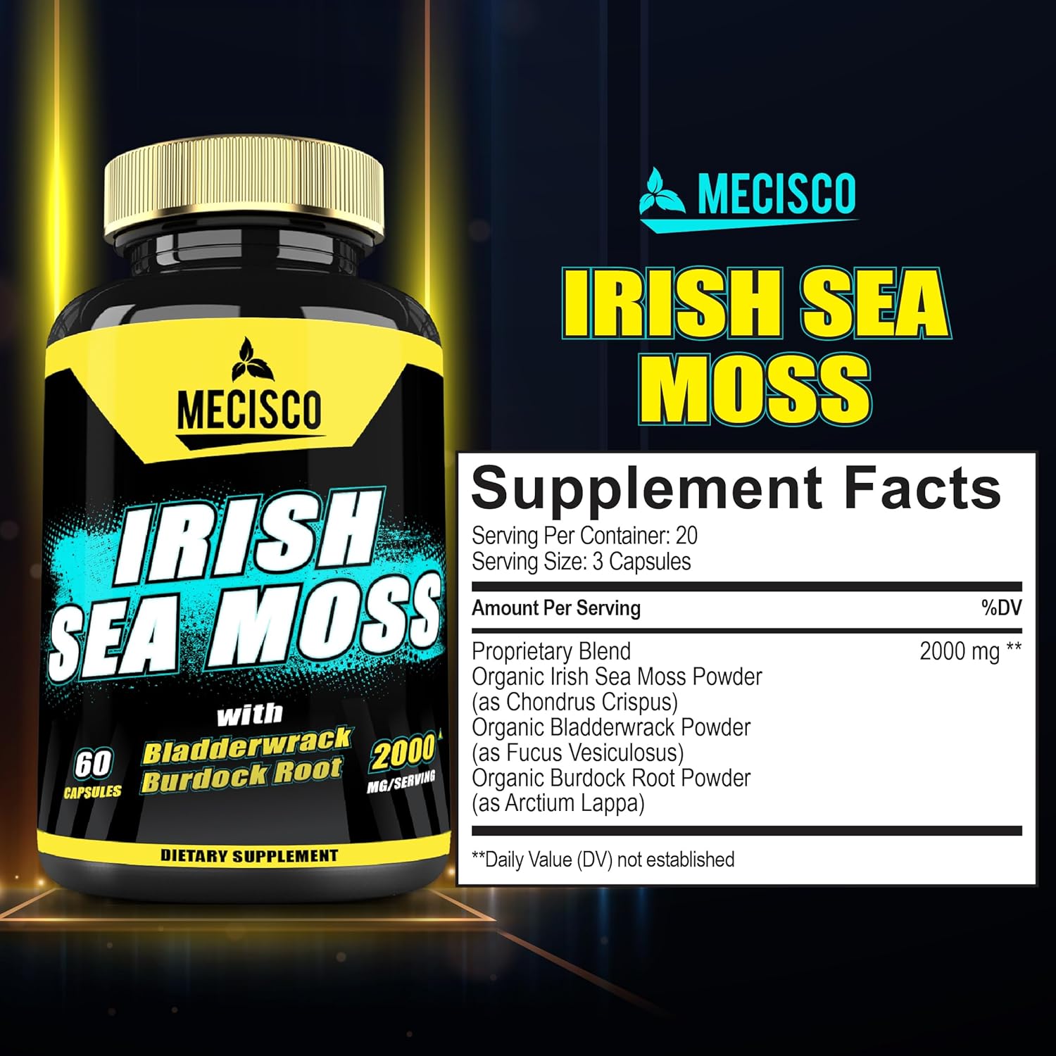 Organic Mecisco Sea Moss Capsules with Bladderwrack & Burdock Root - Immune Support, Joint Health, Energy - 60 Veggie Caps