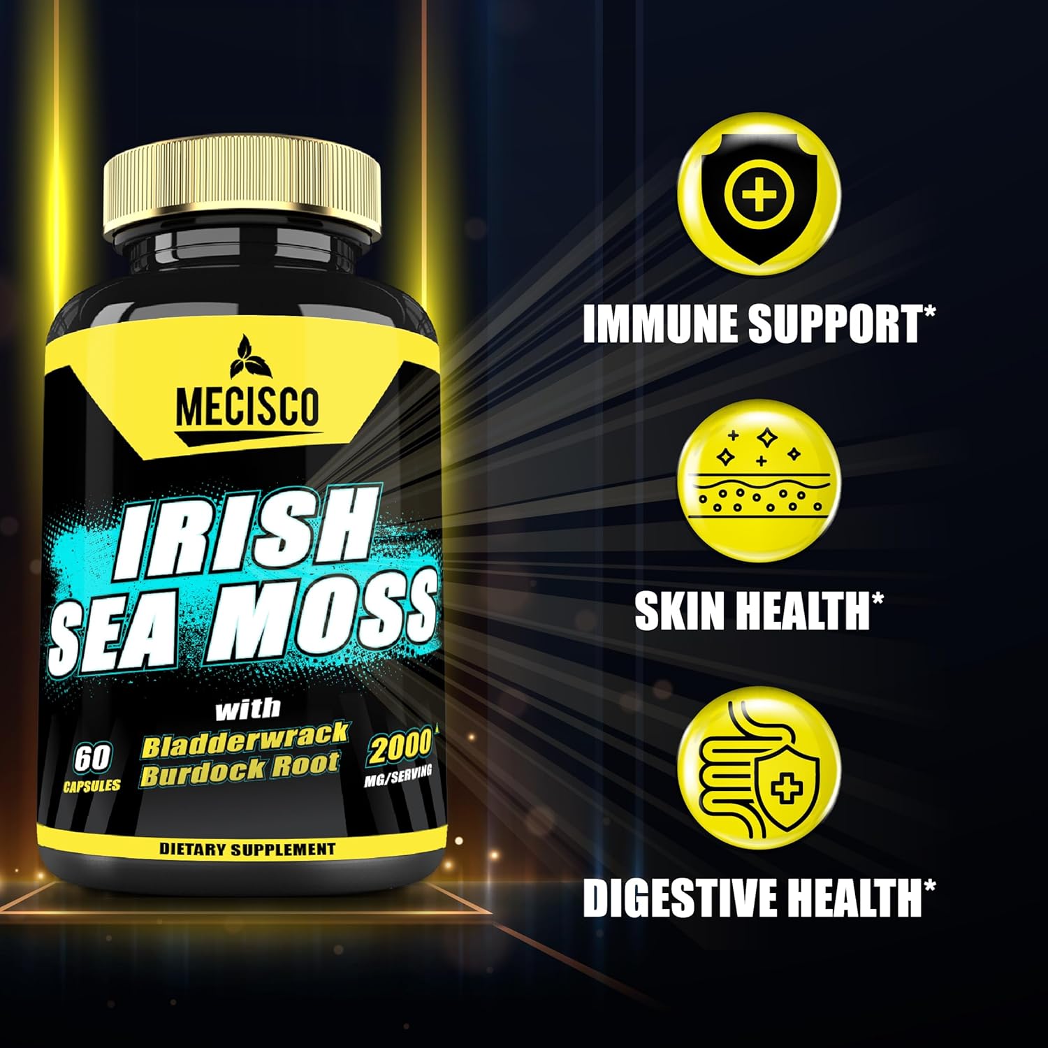 Organic Mecisco Sea Moss Capsules with Bladderwrack & Burdock Root - Immune Support, Joint Health, Energy - 60 Veggie Caps