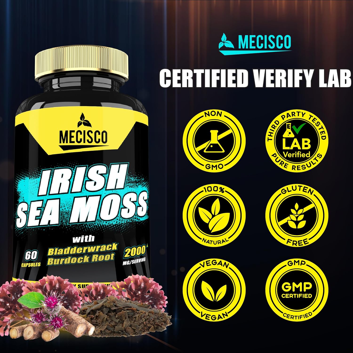 Organic Mecisco Sea Moss Capsules with Bladderwrack & Burdock Root - Immune Support, Joint Health, Energy - 60 Veggie Caps